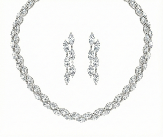 Close-up view of premium artificial Elegant Marquise Cut American Diamond Necklace Set with Drop Earrings by Innovate Art Impex.