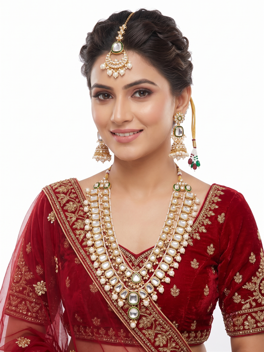 Imitation Kundan Layered Necklace Set with Jhumka & Tikka