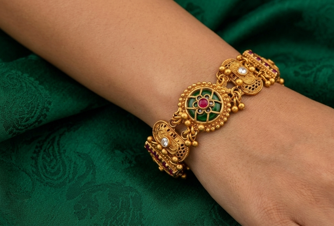 Woman wearing a traditional antique finish imitation temple bracelet with green and red stones against a green fabric background.