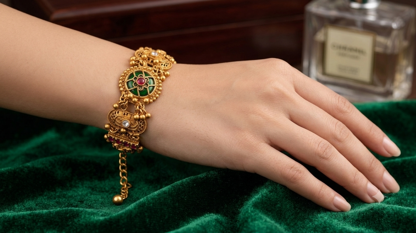 Elegant traditional ethnic bracelet with red and green stones worn by a woman, resting her hand on rich green velvet.