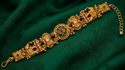 Traditional Antique Finish Temple Bracelet with Elephant Motifs & Stones