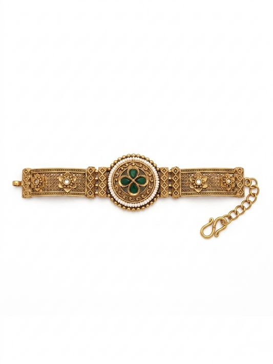 Antique Copper Kundan Style Clover Bracelet with Pearls & Green Stones