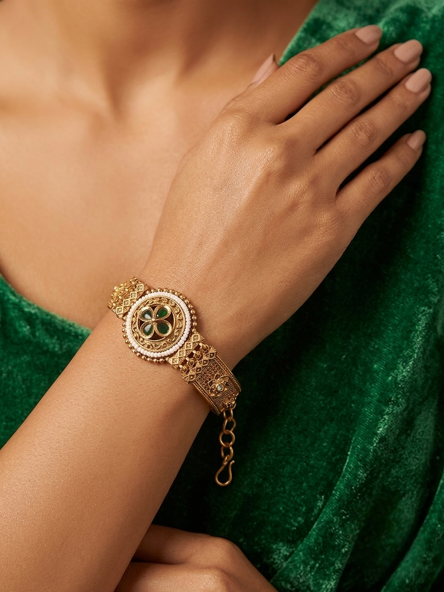 A close-up of a woman's hand and wrist wearing an ornate gold-toned bracelet watch with a floral center and textured links, set against a rich green velvet background.