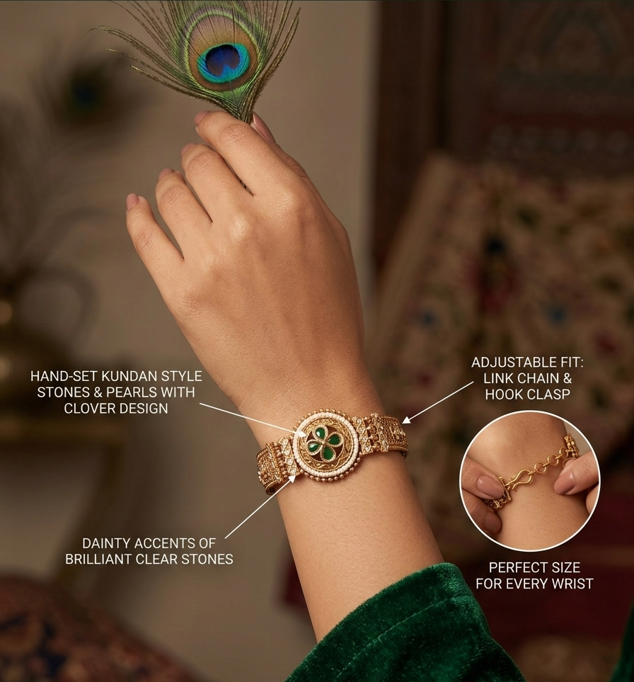 A gold-toned bangle bracelet with a green and gold floral center and clear stones, shown worn on a person's wrist. A peacock feather is held near the wrist, and text callouts describe the hand-set kundan style stones, adjustable link chain, hook clasp, and clear stone accents.