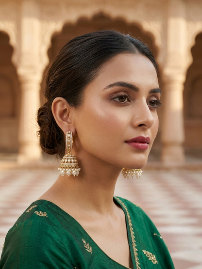 Gold-Toned Stone-Studded Hoop Jhumka Earrings with Pearl Drops