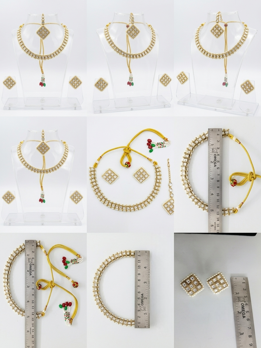 Innovate Art Impex square pattern Kundan choker set displayed on a clear acrylic stand.