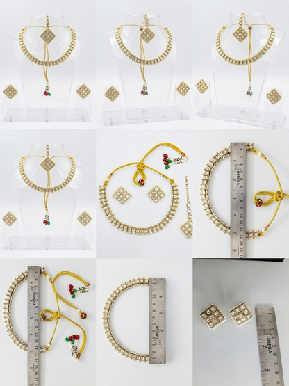 Innovate Art Impex square pattern Kundan choker set displayed on a clear acrylic stand.