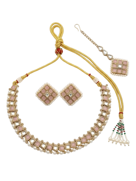 Pink Kundan & Stone Choker Necklace Set with Earrings and Maang Tikka