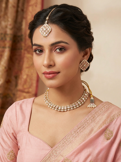 Pink Kundan & Stone Choker Necklace Set with Earrings and Maang Tikka
