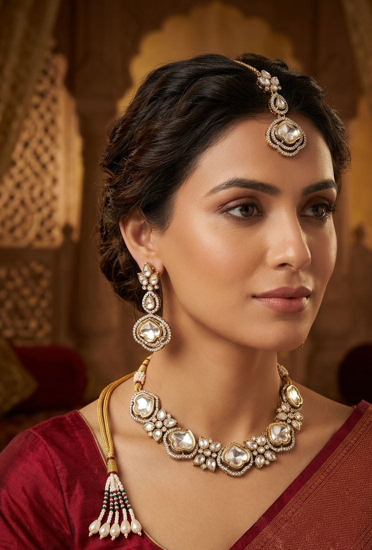 Close-up profile of a model wearing a traditional gold-toned Kundan bridal combo set, featuring a choker necklace, statement earrings, and a maangtikka, styled with a maroon top.
