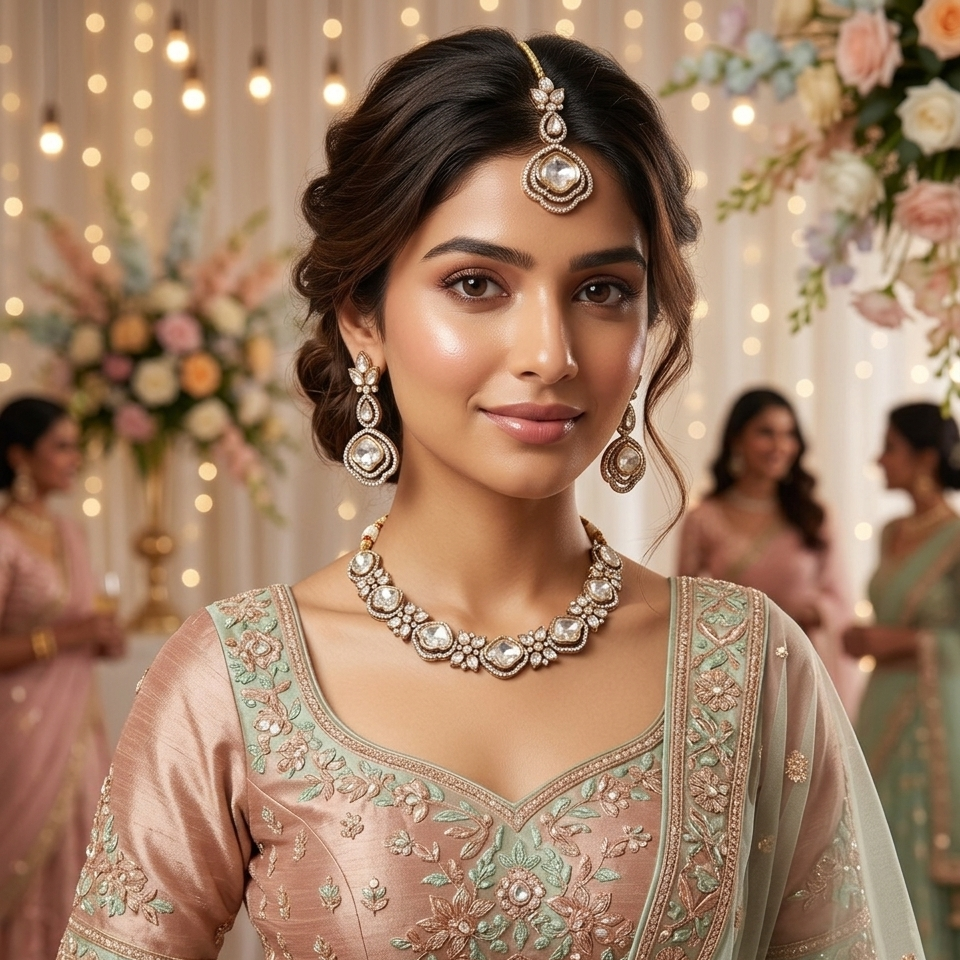 Front-facing portrait of a smiling woman wearing a 3-piece gold-toned Kundan jewelry combo set, consisting of a choker, earrings, and maangtikka, set against a festive floral and bokeh background.