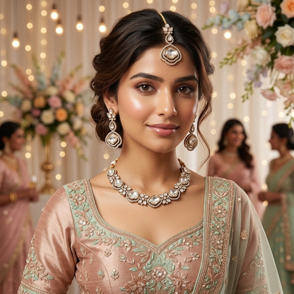 Front-facing portrait of a smiling woman wearing a 3-piece gold-toned Kundan jewelry combo set, consisting of a choker, earrings, and maangtikka, set against a festive floral and bokeh background.