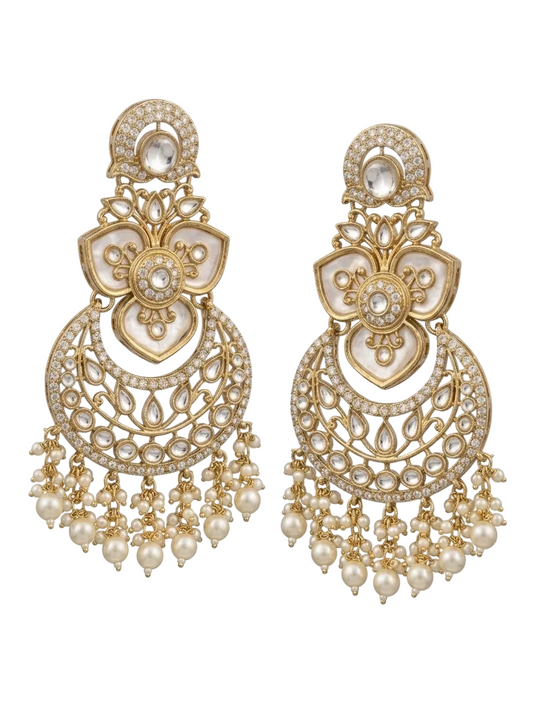 Front view product shot of a standalone pair of Vaidika Royal Heritage artificial Kundan Chandbali earrings featuring a crescent moon silhouette and pure white stones on a pure white background.