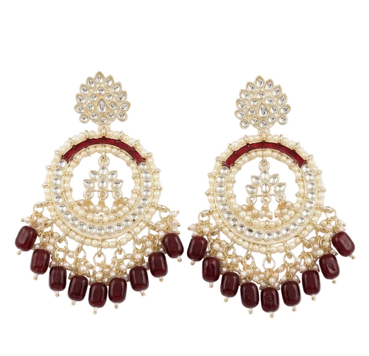 Vaidika Royal Heritage Gold Toned Maroon Bead AD Chandbali Earrings