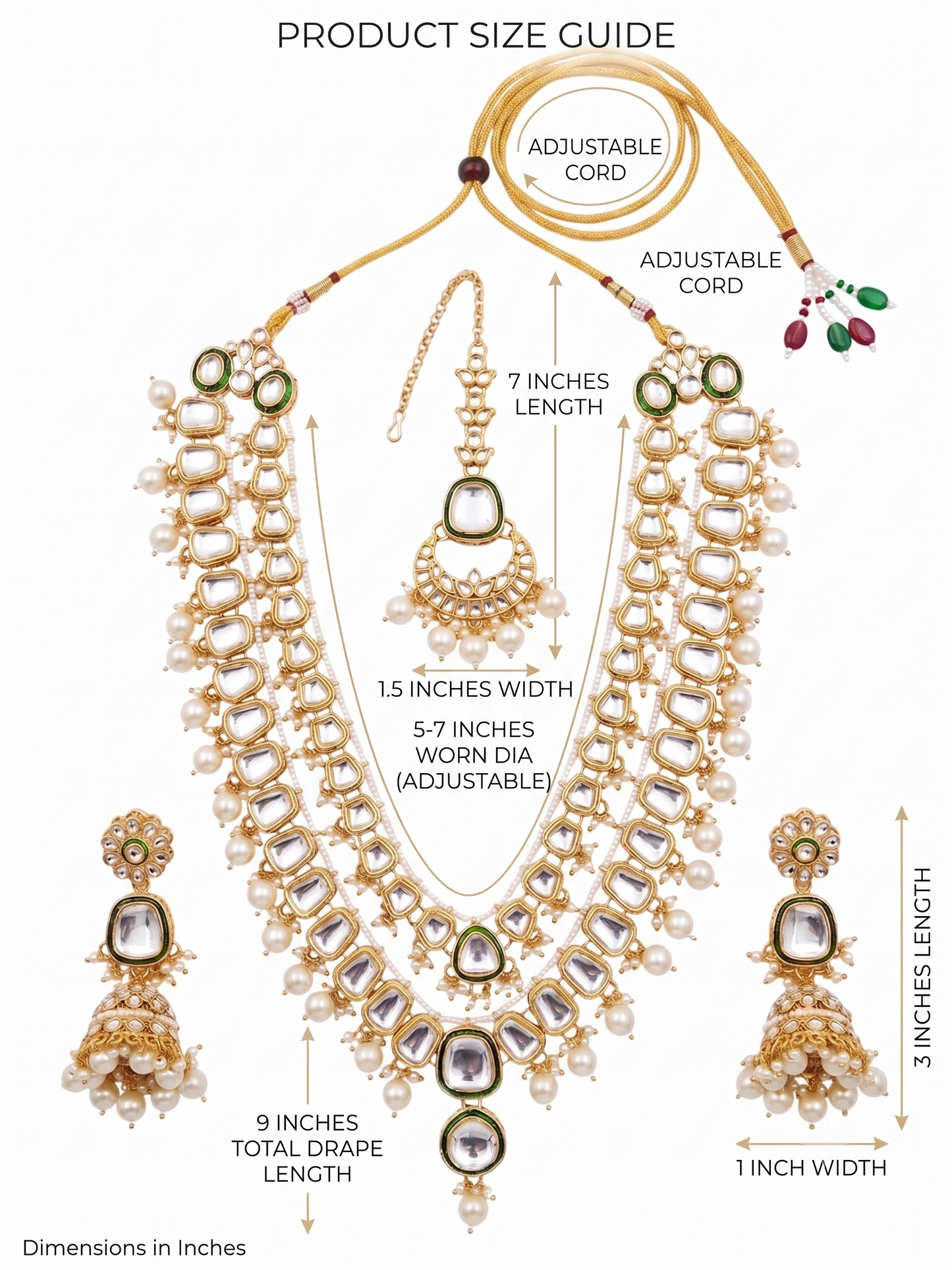 Product size guide for the artificial Kundan necklace set, detailing a 5 to 7-inch adjustable worn diameter, 9-inch drape length, and 3-inch jhumka earrings.