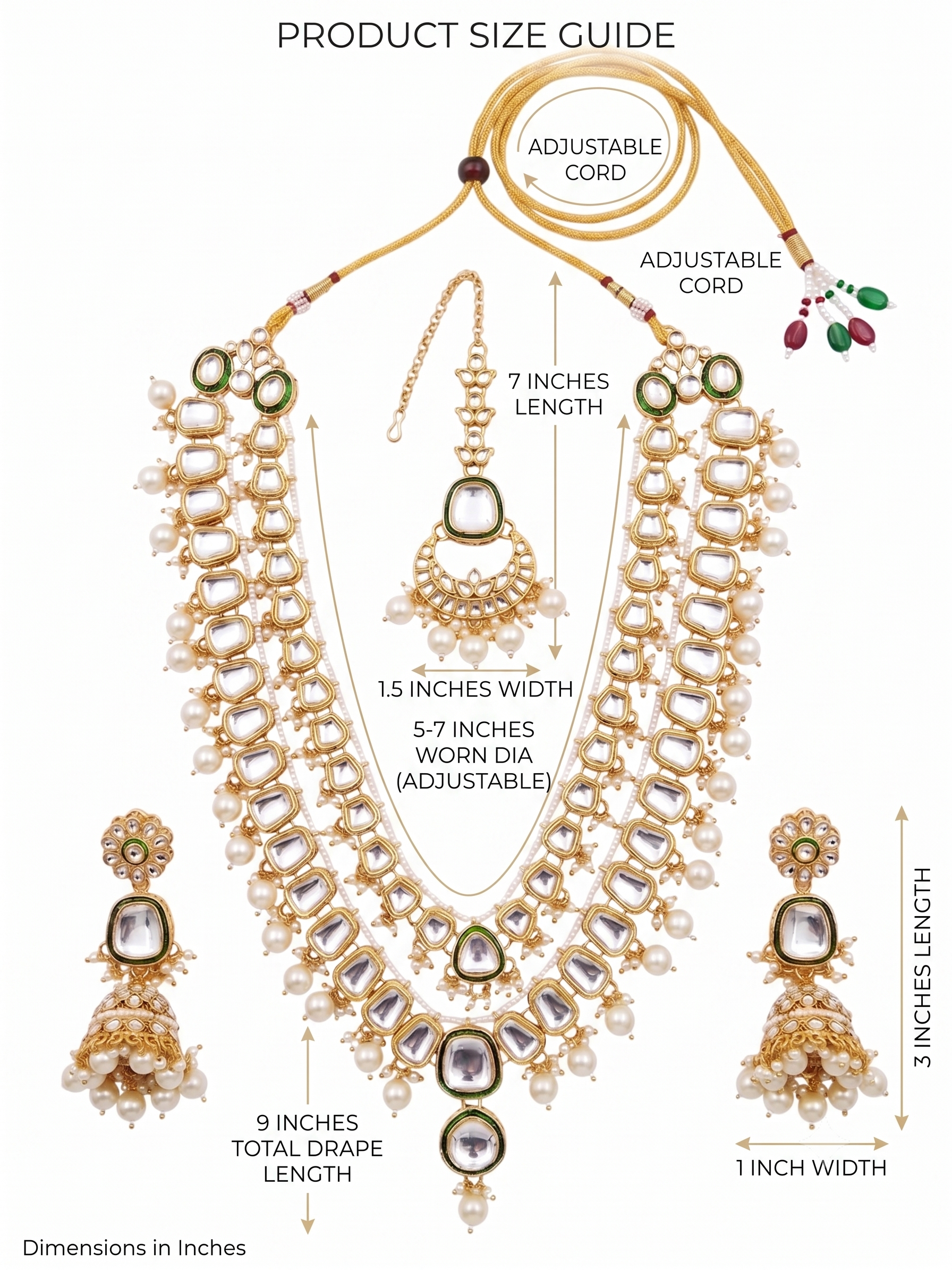 Product size guide for the artificial Kundan necklace set, detailing a 5 to 7-inch adjustable worn diameter, 9-inch drape length, and 3-inch jhumka earrings.
