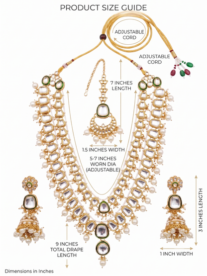 Product size guide for the artificial Kundan necklace set, detailing a 5 to 7-inch adjustable worn diameter, 9-inch drape length, and 3-inch jhumka earrings.