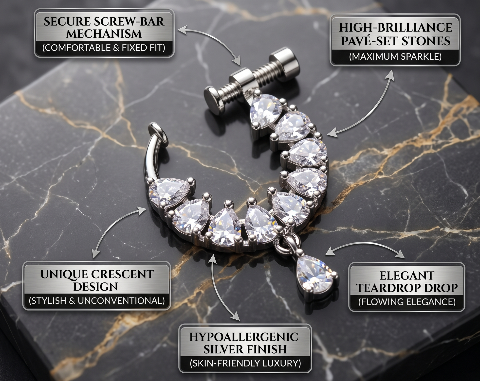 Nose pins with labeled features on a marble background