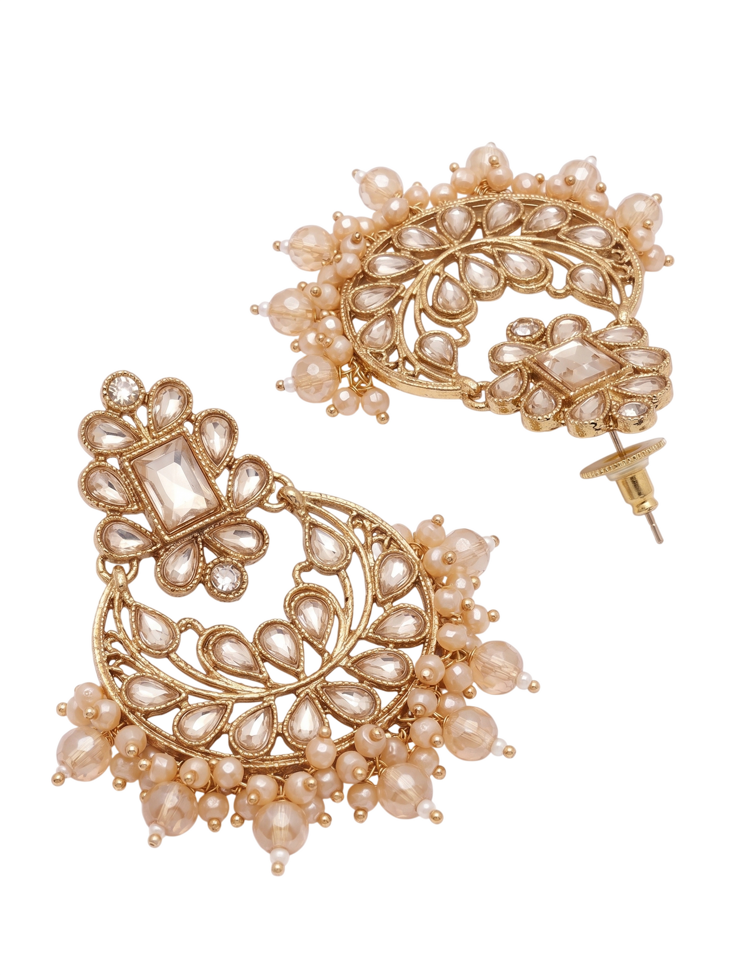 Close-up view of a pair of champagne beige imitation kundan chandbali earrings, highlighting the design and push-back plug closure.
