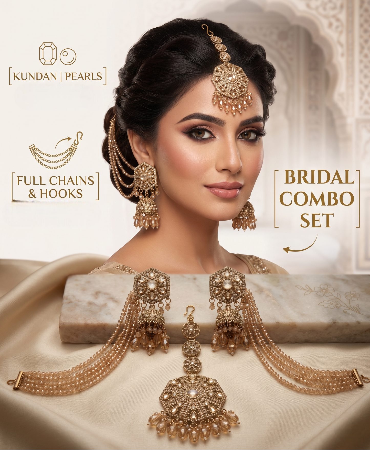 Bridal jewelry set with kundan, pearls, chains, and hooks displayed on a model.