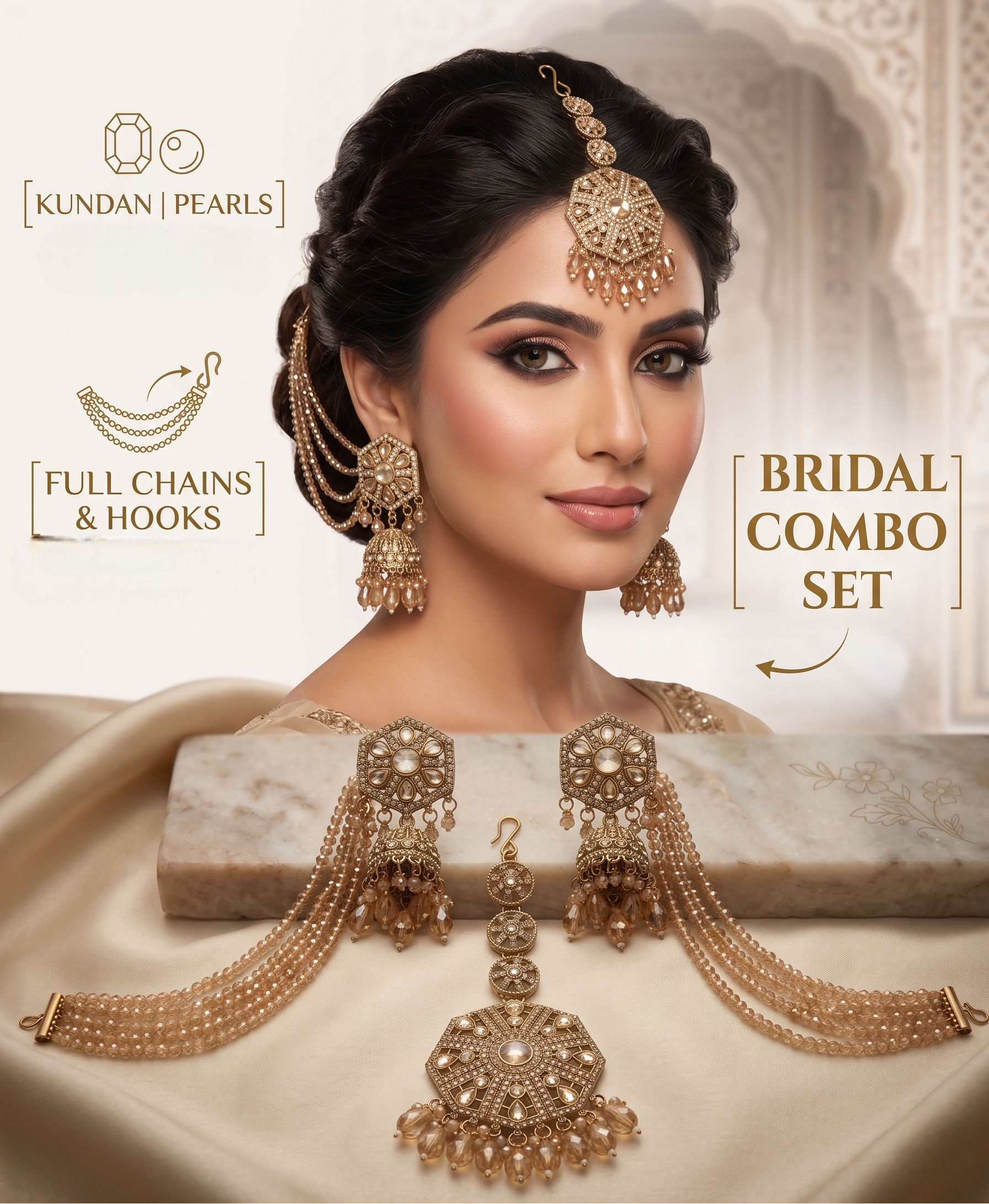 Bridal jewelry set with kundan, pearls, chains, and hooks displayed on a model.