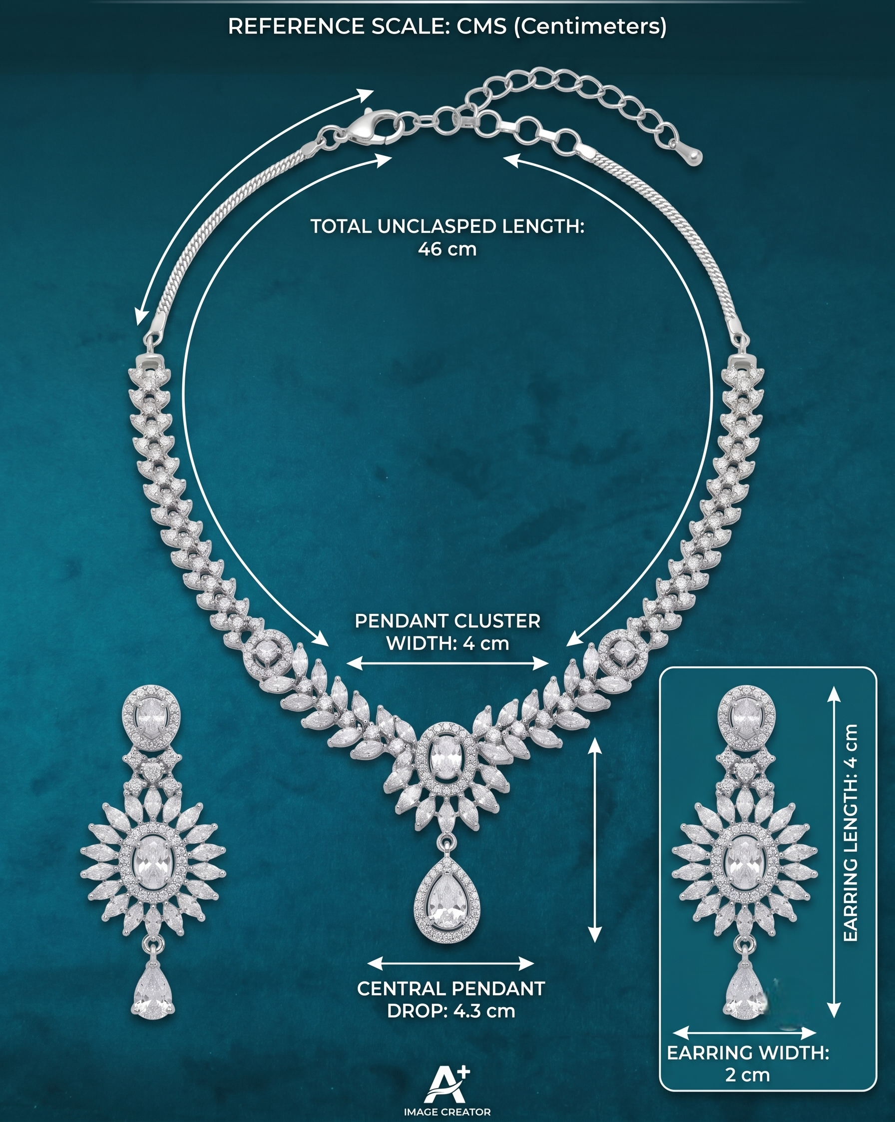 Close-up view of an artificial white metal finish statement necklace and earring set resting on a mannequin, showcasing the intricate marquise and oval stone arrangements.