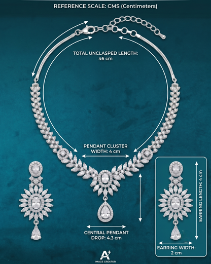 Close-up view of an artificial white metal finish statement necklace and earring set resting on a mannequin, showcasing the intricate marquise and oval stone arrangements.
