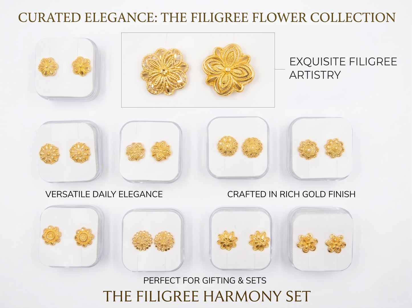Gold filigree flower earrings displayed on a white background with text describing the collection.