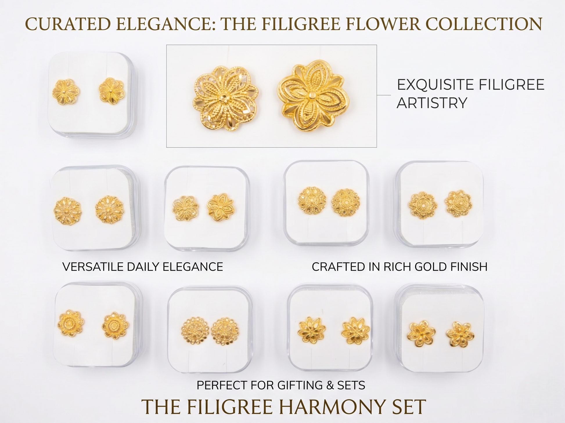 Gold filigree flower earrings displayed on a white background with text describing the collection.