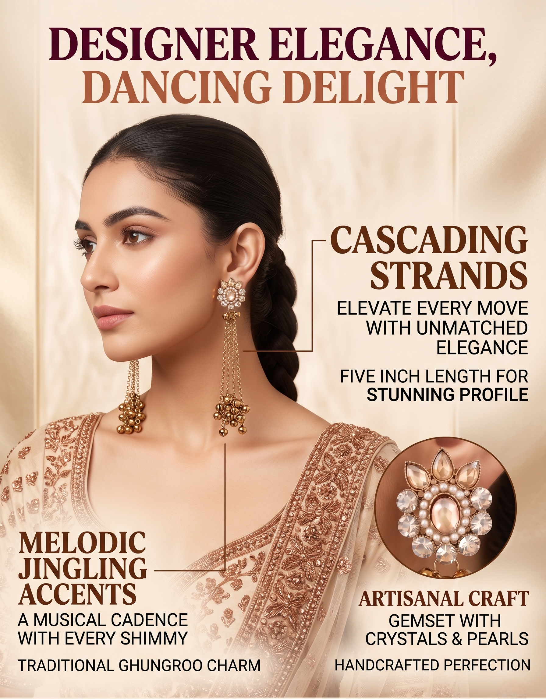 Advertisement for a necklace with intricate details and a model wearing it, highlighting features like 'Cascading Strands' and 'Melodic Jingling Accents'.