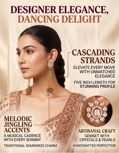 Advertisement for a necklace with intricate details and a model wearing it, highlighting features like 'Cascading Strands' and 'Melodic Jingling Accents'.