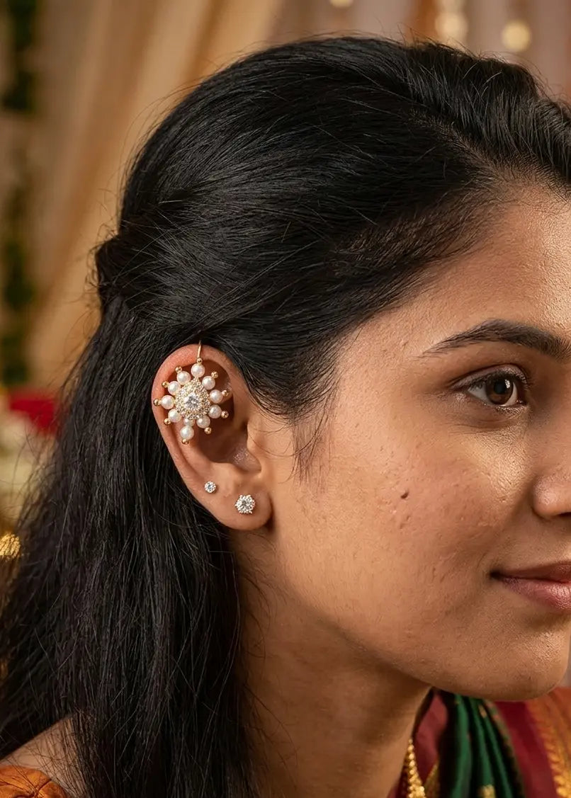 Traditional Marathi Bugadi – Pearl & Cubic Zirconia Helix Earring for Women – Classic Maharashtrian Clip-On / Pressing Type Jewelry by INNOVATE ART IMPEX Innovate Art Impex