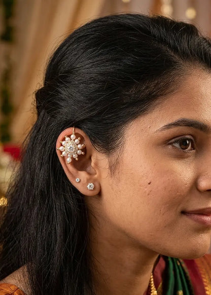 Traditional Marathi Bugadi – Pearl & Cubic Zirconia Helix Earring for Women – Classic Maharashtrian Clip-On / Pressing Type Jewelry by INNOVATE ART IMPEX Innovate Art Impex