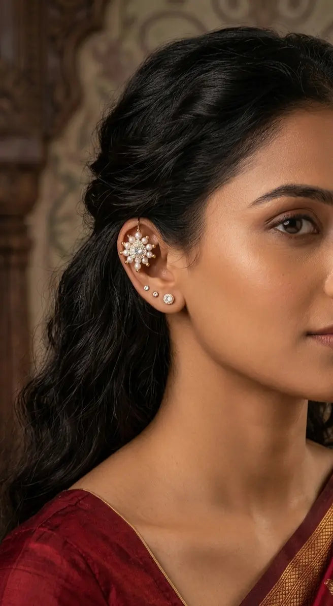 Traditional Marathi Bugadi – Pearl & Cubic Zirconia Helix Earring for Women – Classic Maharashtrian Clip-On / Pressing Type Jewelry by INNOVATE ART IMPEX Innovate Art Impex