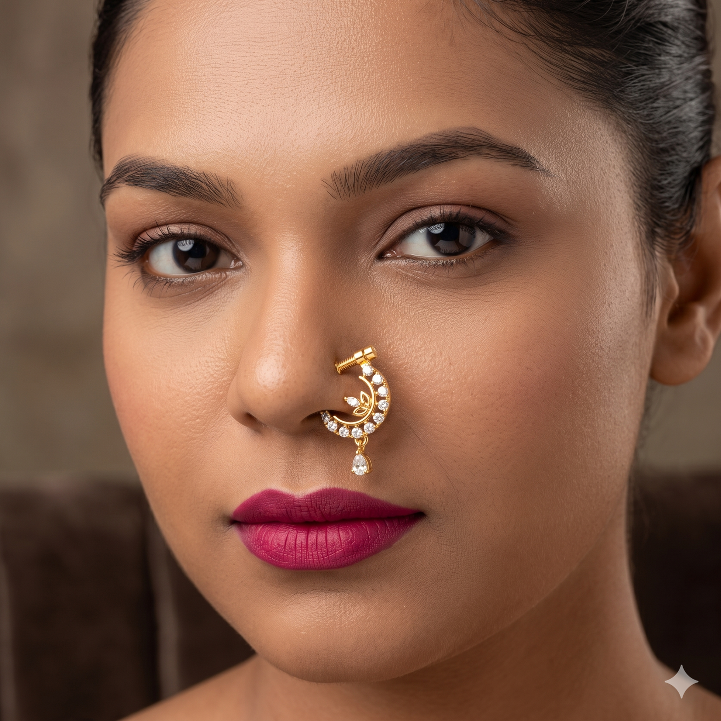 Close-up of a woman's face wearing a gold and diamond nose ring.