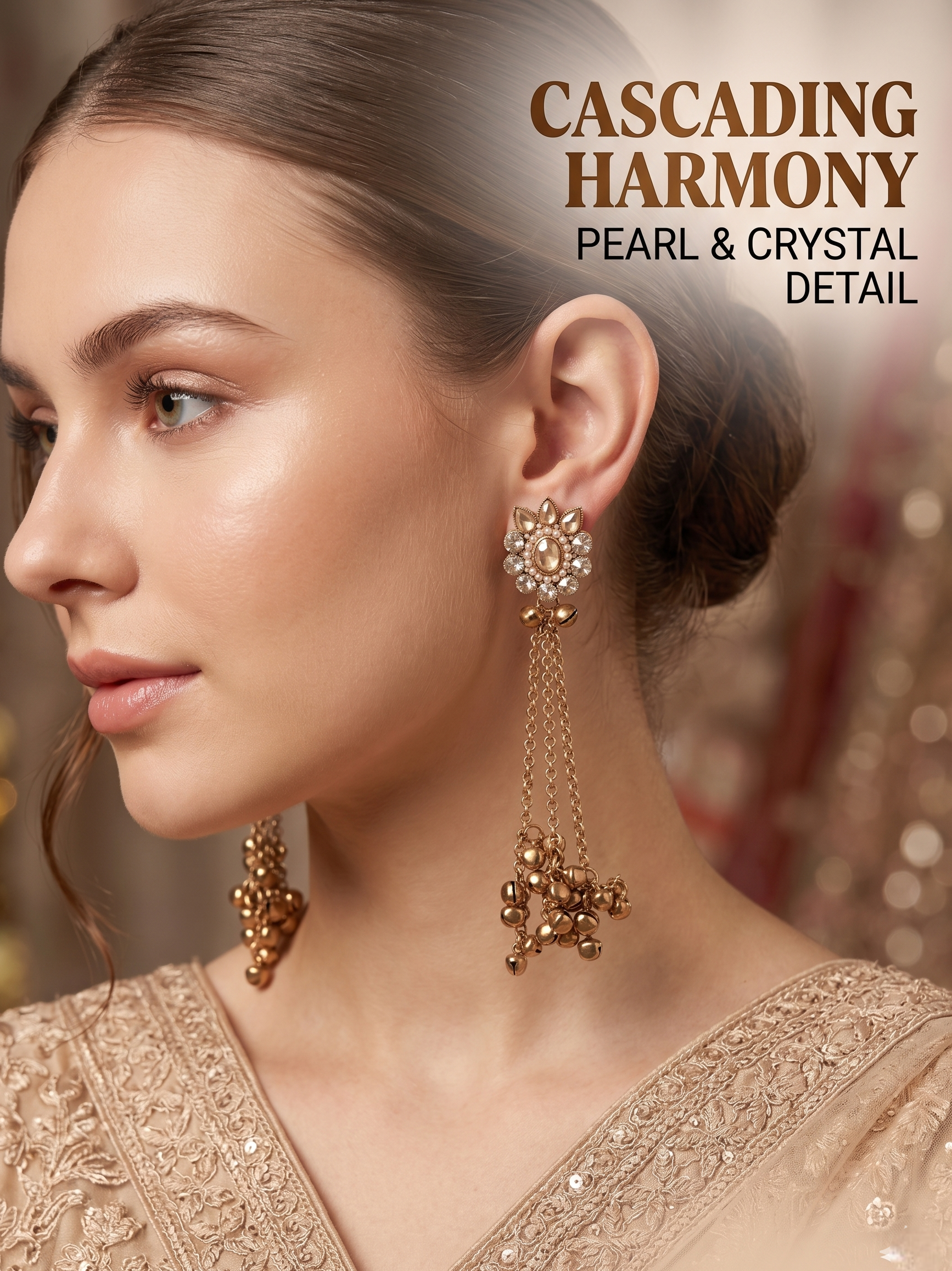 Woman wearing elegant earrings with 'Cascading Harmony' text and pearl & crystal detail.