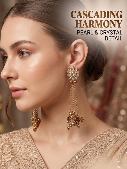 Woman wearing elegant earrings with 'Cascading Harmony' text and pearl & crystal detail.
