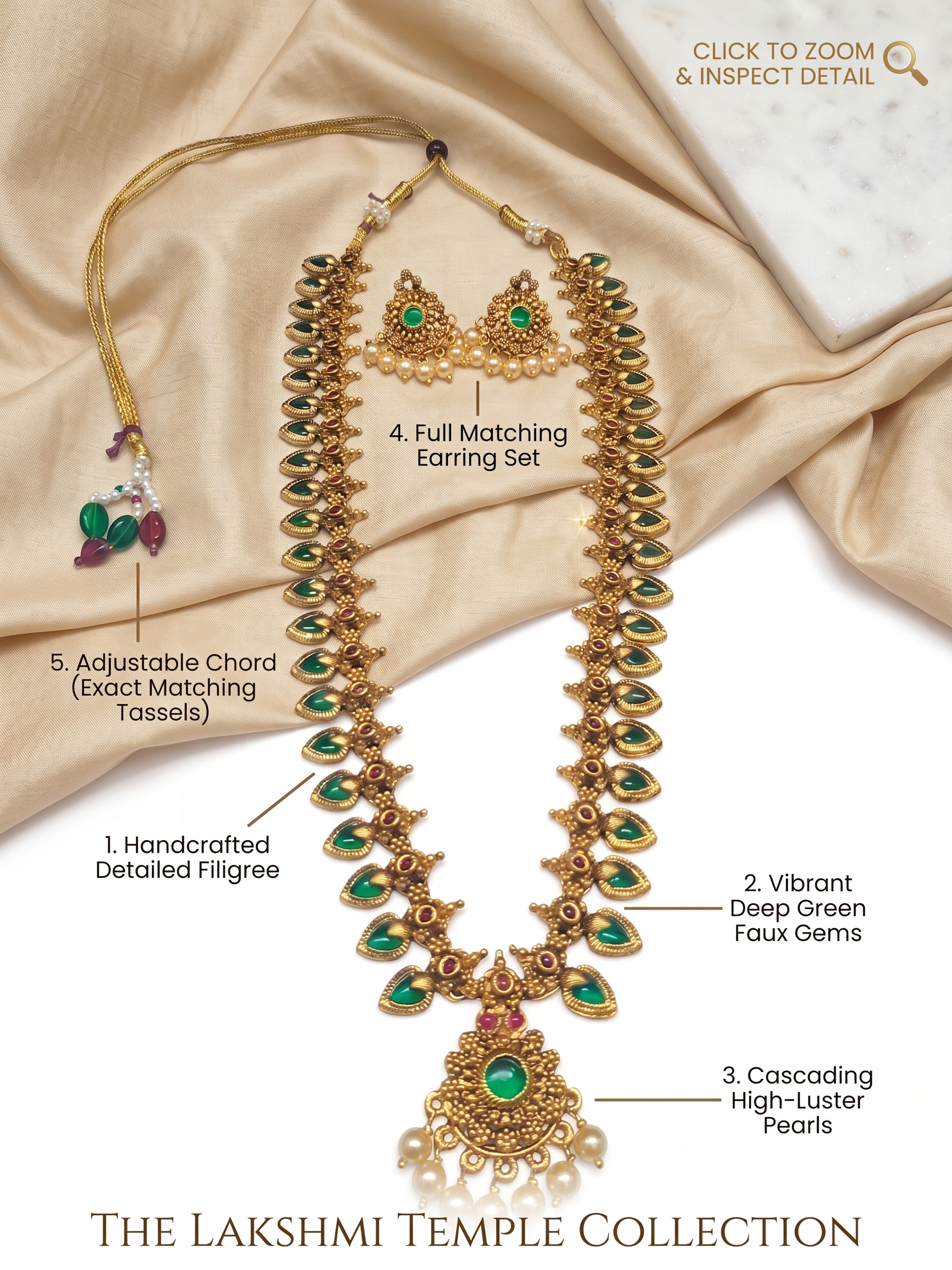 Infographic displaying the long haram necklace and matching earrings from the Innovate Art Impex combo set resting on cream silk fabric. Text callouts highlight the handcrafted detailed filigree, deep green artificial gems, cascading artificial pearls, full matching earring set, and adjustable cord with matching tassels.