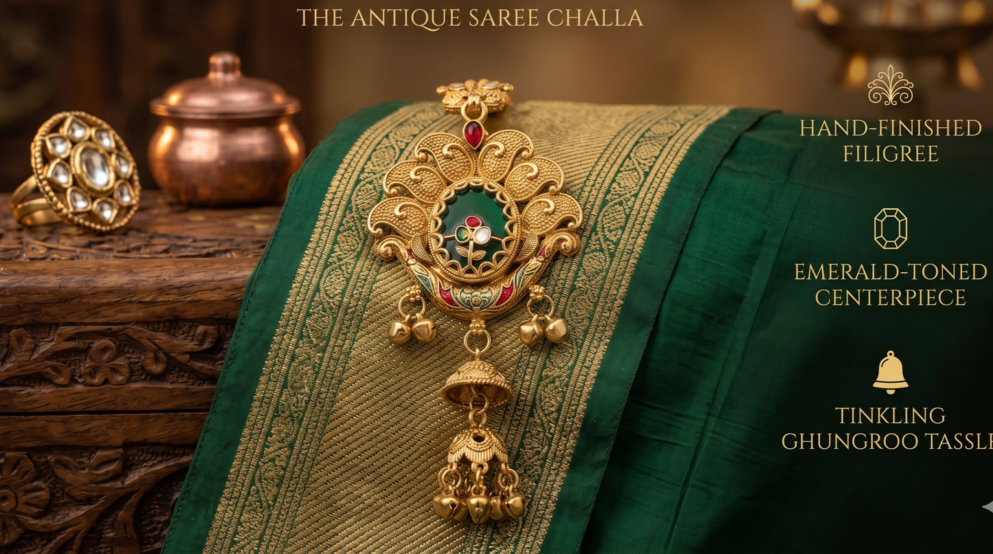 Gold necklace with emerald-toned centerpiece on a green saree, with text describing features.