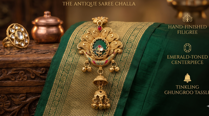 Gold necklace with emerald-toned centerpiece on a green saree, with text describing features.