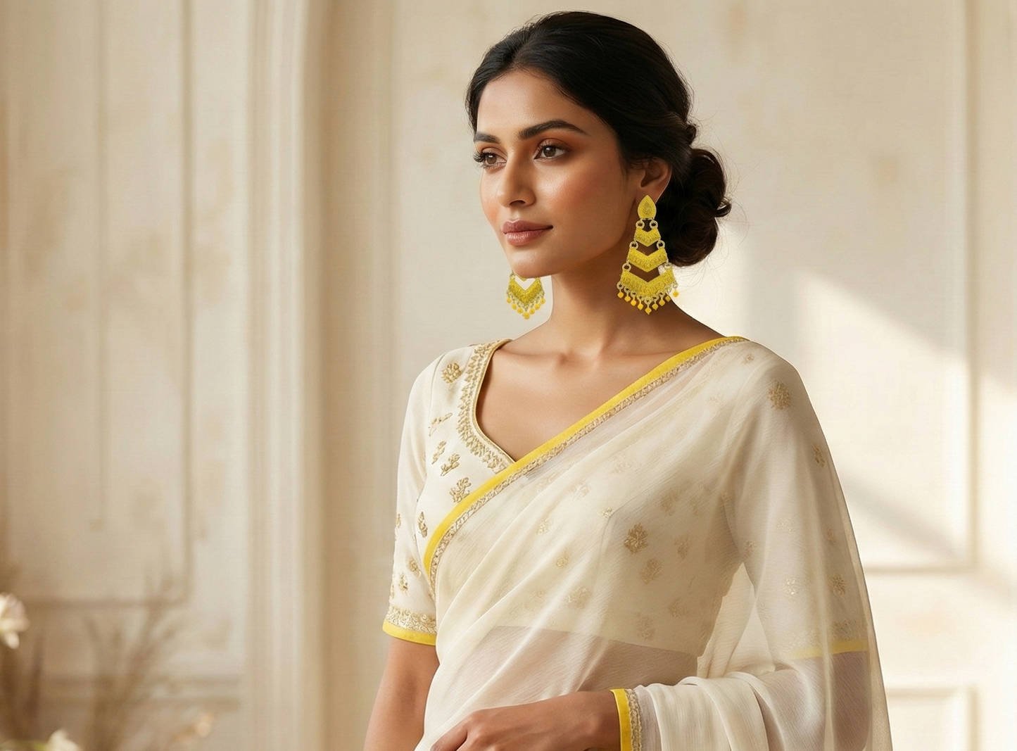 Close-up view of premium artificial Yellow Meenakari Gold Plated Layered Drop Earrings with Pearl Hanging by Innovate Art Impex.