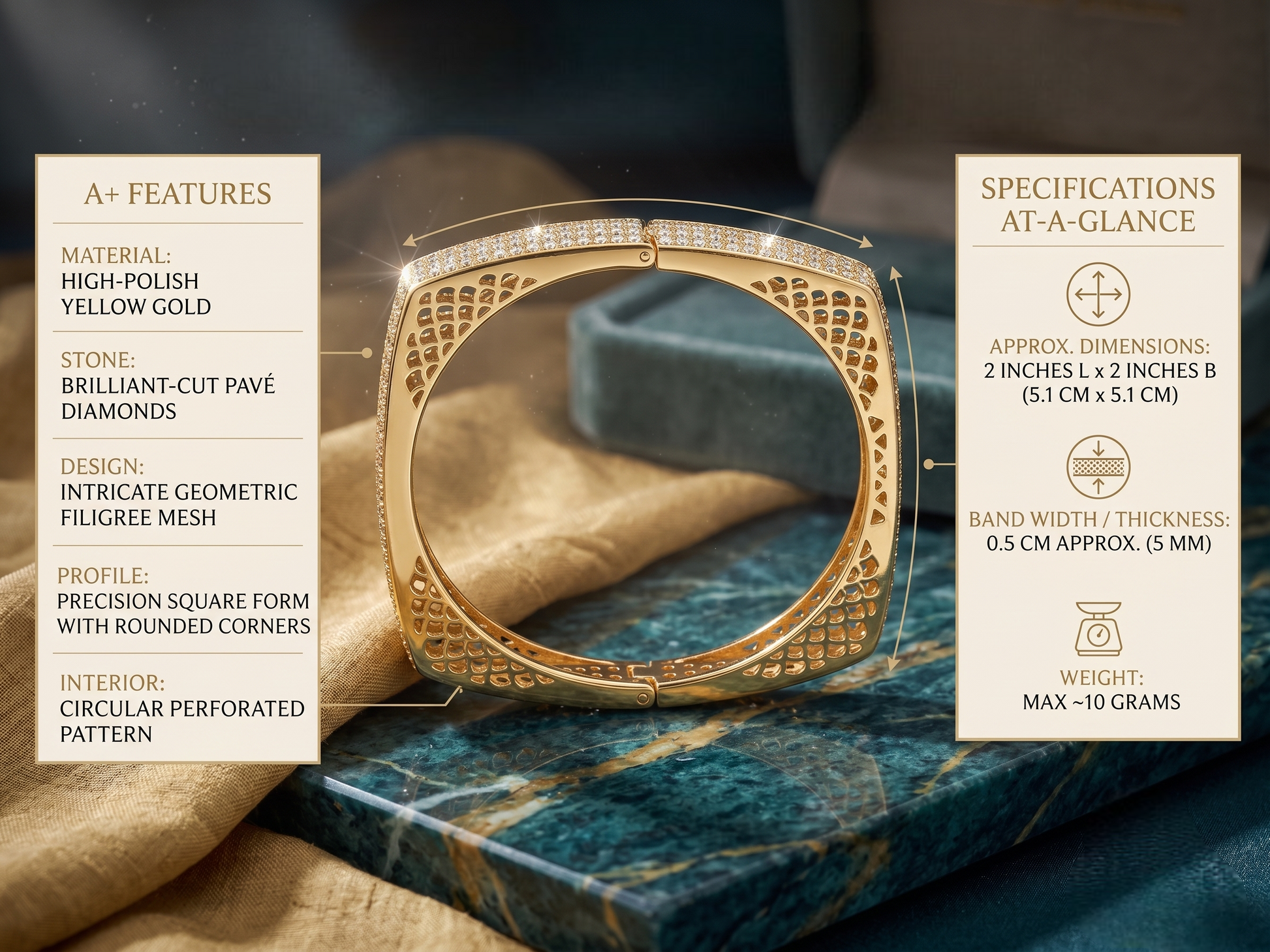 Detailed infographic highlighting the bracelet's A+ features, including brilliant-cut pavé diamonds, 5.1 cm dimensions, and a maximum weight of 10 grams.
