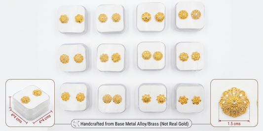 Gold earrings displayed in white boxes with 'Innovate Art Impex' branding.