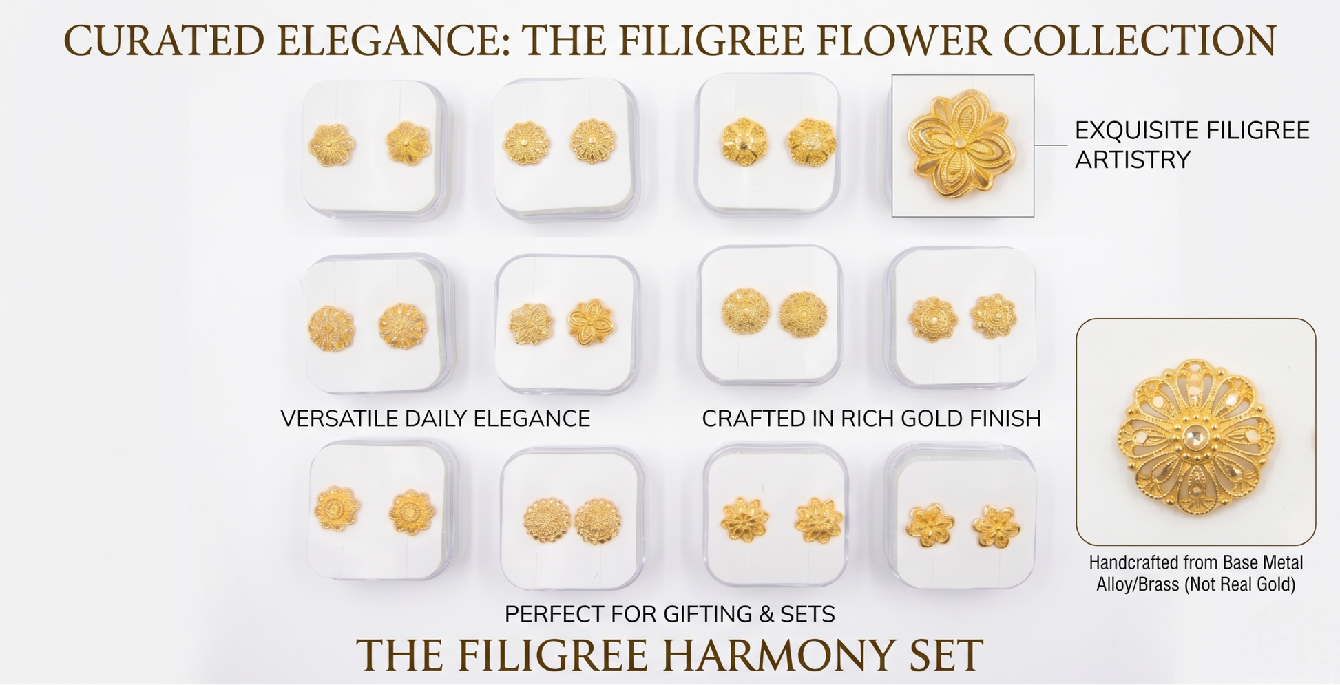 Advertisement for Filigree Flower Collection with gold earrings on a white background