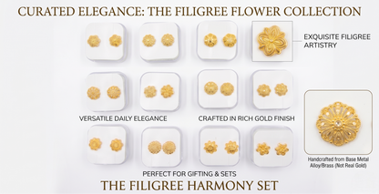 Advertisement for Filigree Flower Collection with gold earrings on a white background