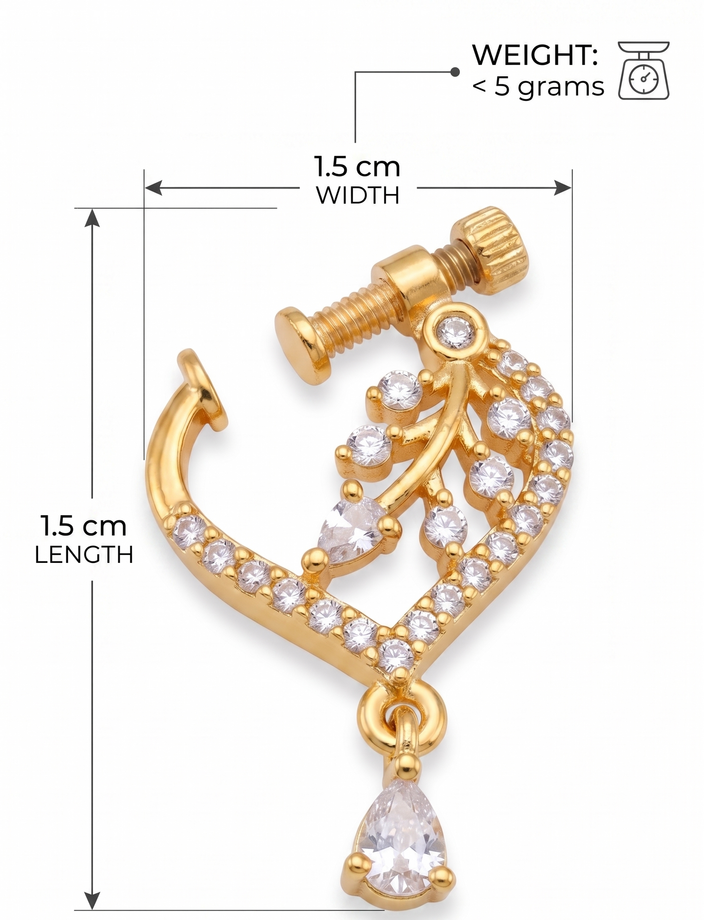 Gold earring with clear stones and measurements on a white background