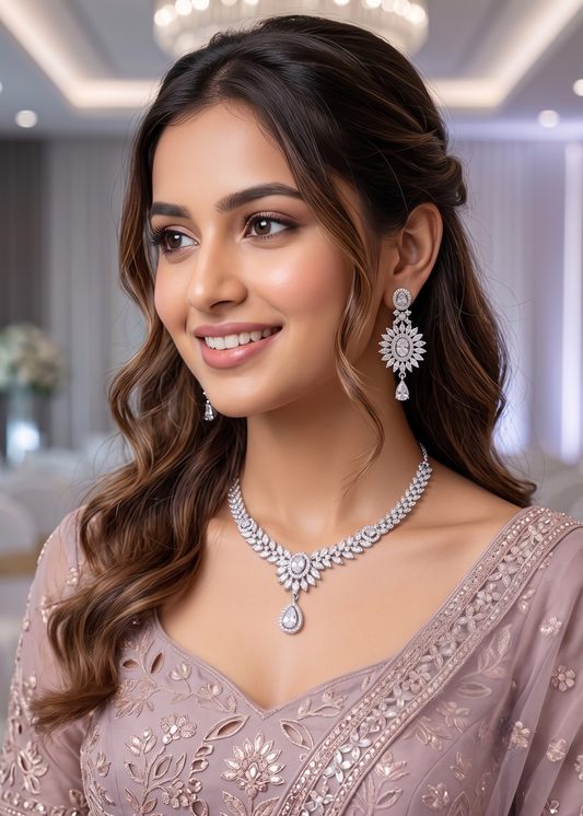 White Finish American Diamond Artificial Necklace Set with Matching Drop Earrings