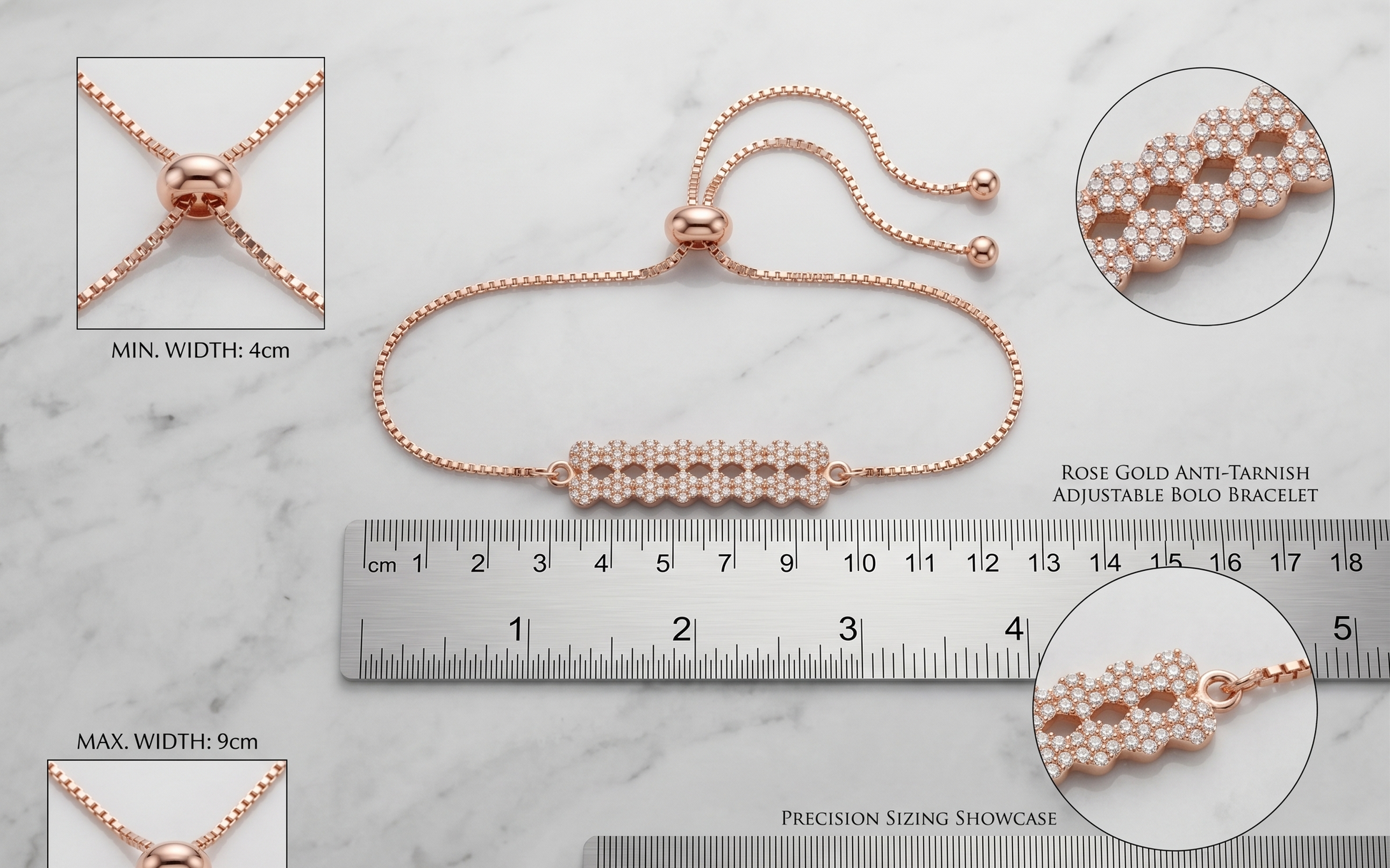 Rose Gold Geometric Pavé Bar Adjustable Bolo Bracelet
