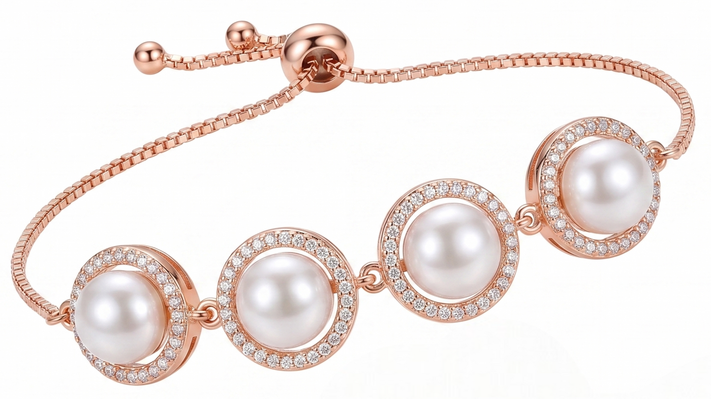 Lustrous Cultured Pearl & CZ Halo Adjustable Bolo Bracelet – Rose Gold Tone