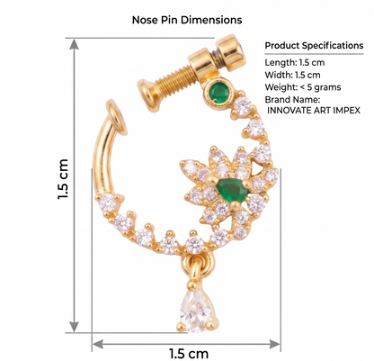 Gold nose ring with emerald stones and dimensions on a white background